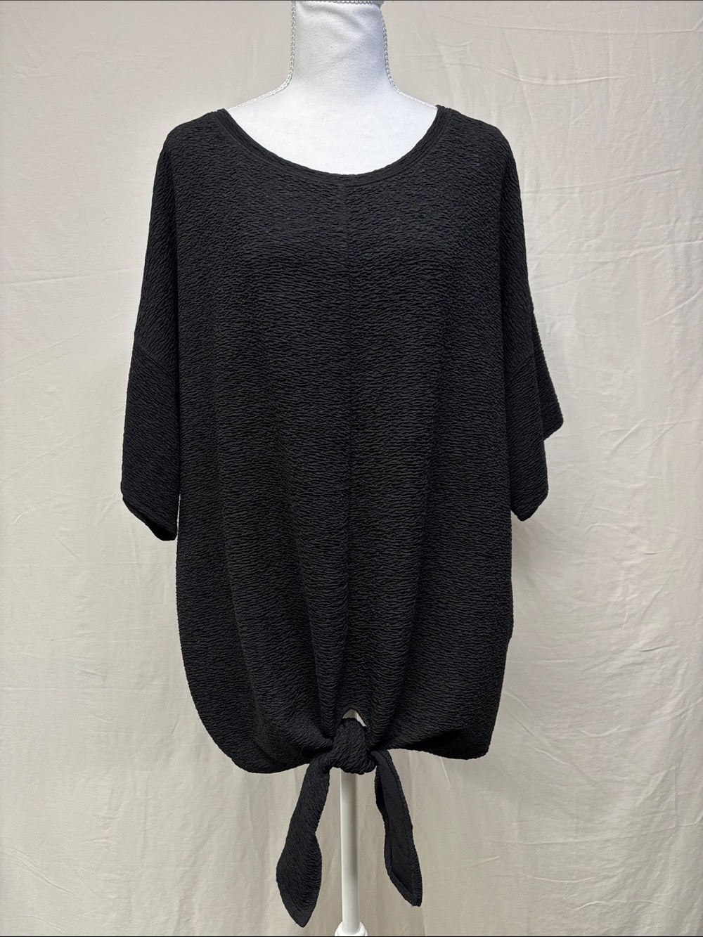 Black Textured Short-Sleeve Tunic with Front Tie